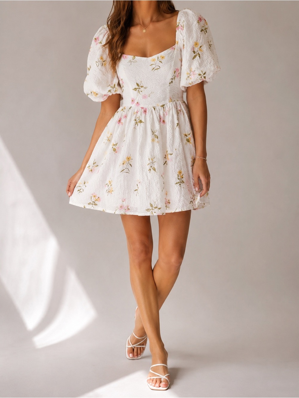 Mi Ami White Floral Puff Sleeve Cotton Mini Dress Tie Back Cottagecore Women’s L